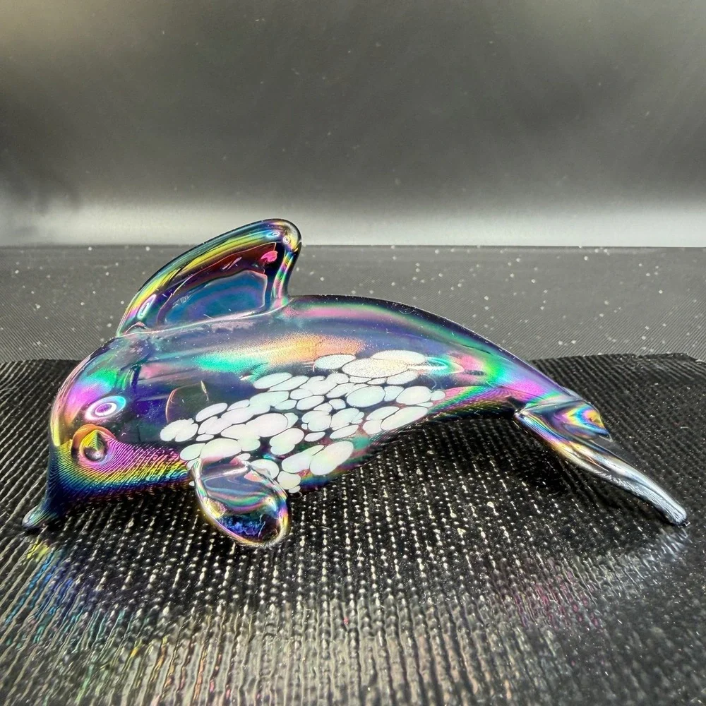 Pele of Hawaii Glass Iridescent Dolphin Figurine Carnival Glass White Spotted